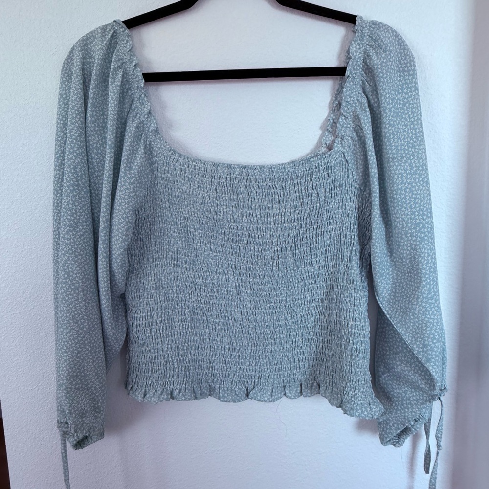 Princess Polly Blue Puff Sleeve Smocked Blouse